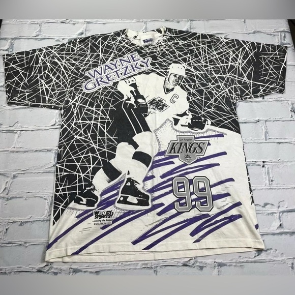 Vintage 1992 Wayne Gretzky LA Kings AOP Woodys Sports T-Shirt Men’s Sz XL (L) - Picture 2 of 11
